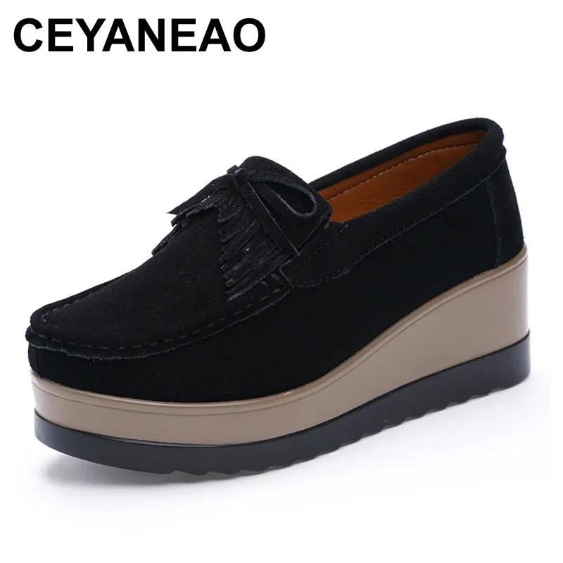 CEYANEAOAutumn Women Platform shoes leather suede plush slip on sneakers chaussure woman tassel fringe loafers women shoesE030