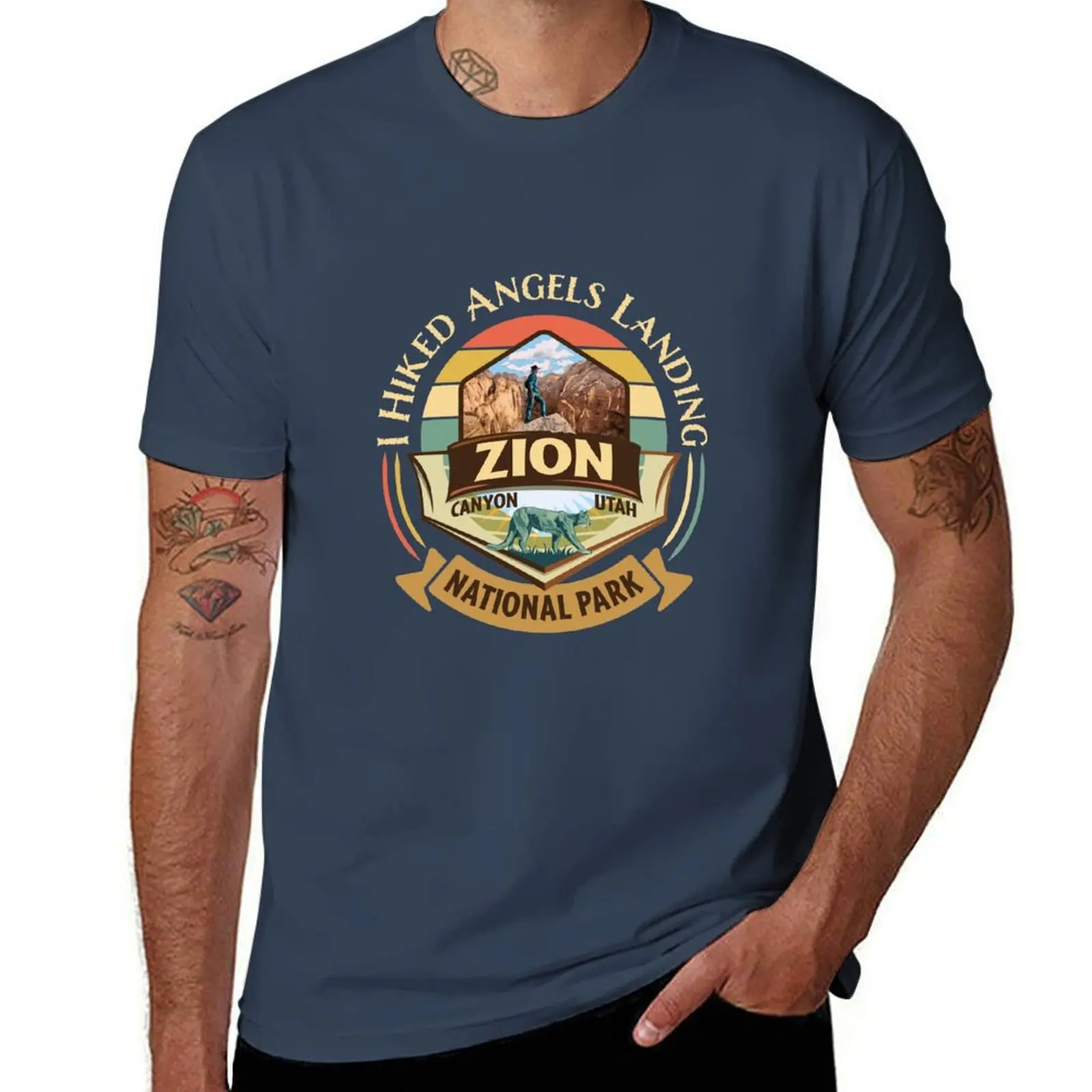 

Zion National Park Utah I Hiked Angels Landings Retro Vintage Style Badge Design with Hiker and Cougar T-Shirt
