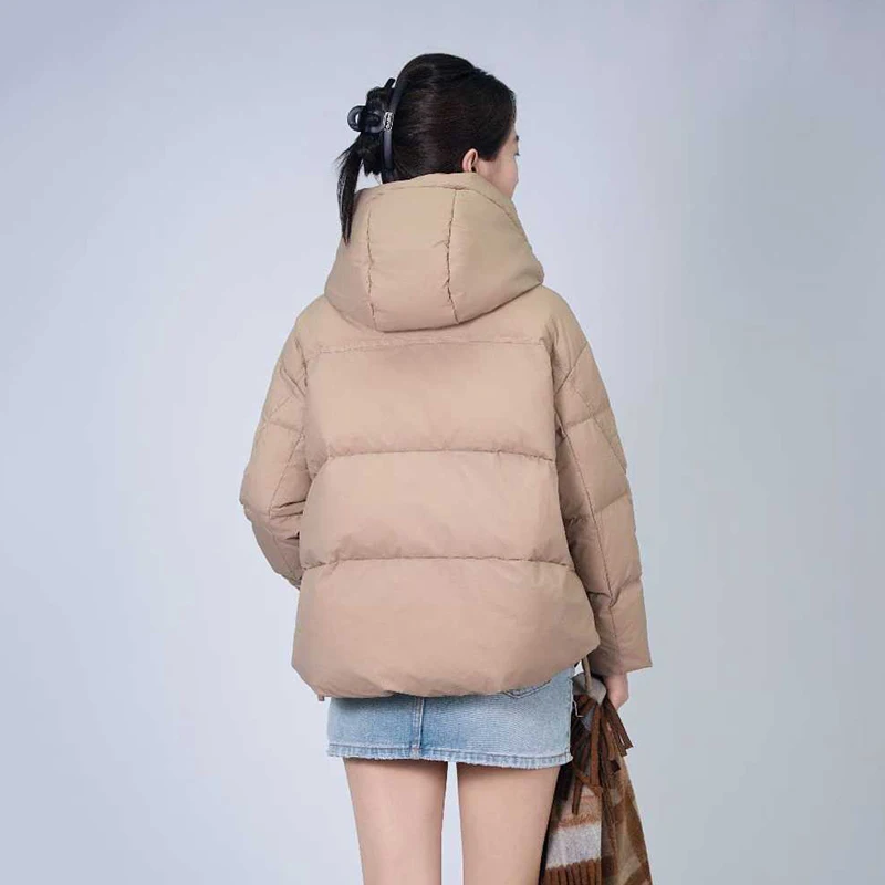 Veste d'hiver courte à capuche avec grande poche pour femme, 90% duvet de canard blanc, ample, fermeture éclair, épais et chaud, Parker, vêtements d'extérieur