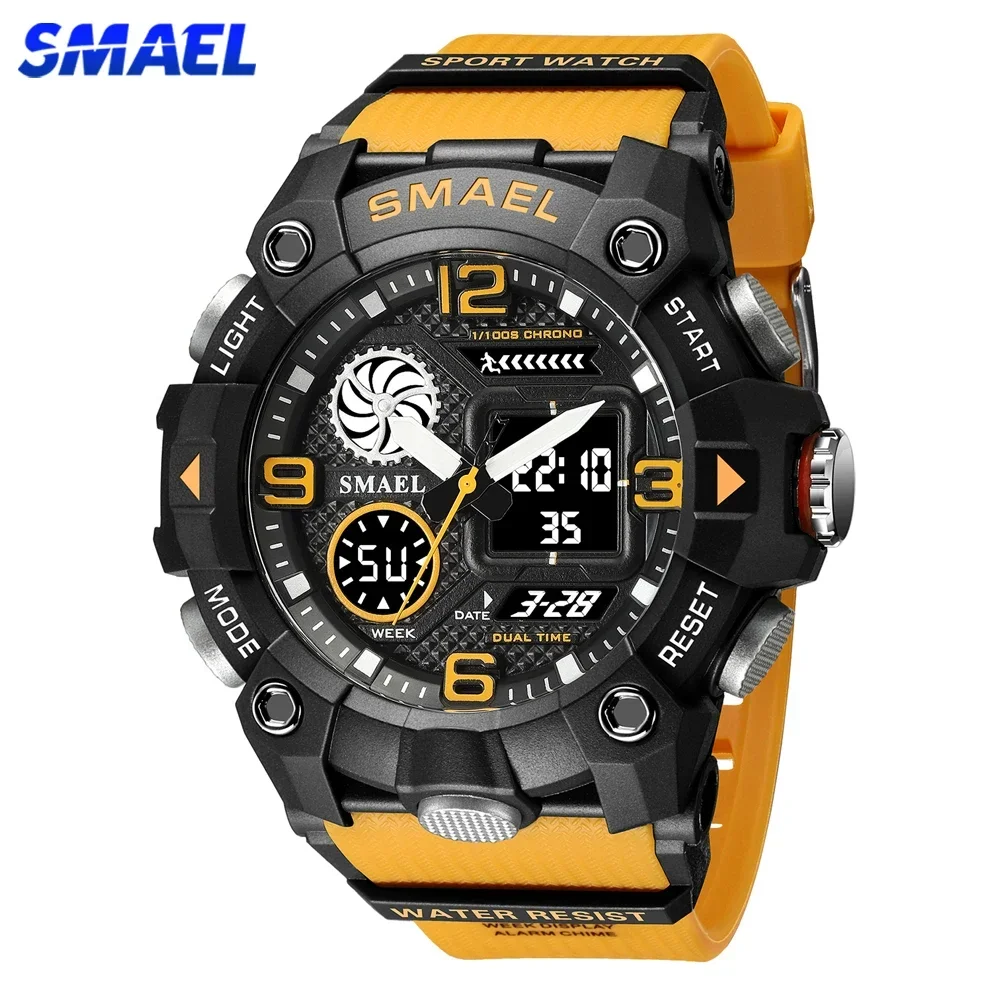 

SMAEL Fashion Quartz Watch for Men Orange Men Original Top Brand Casual Sport Style Digital PU Band Dual Display Wristwatch Male