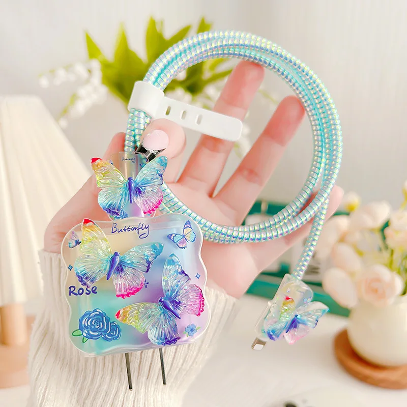 For Apple 18W 20W Charger Silicone Sleeve For iPhone 17 Pro Max 16 15 Plus Charging Cable Protector Case Cover 3D Cute Butterfly
