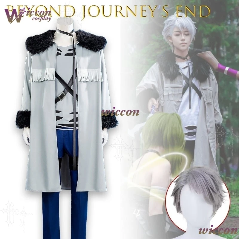 

Wonka Cos Frieren Long Silver Hair Pointed Ear Elf Mage Costume White Jacket Black Tights Gold Embroidery Elegant Anime Cosplay