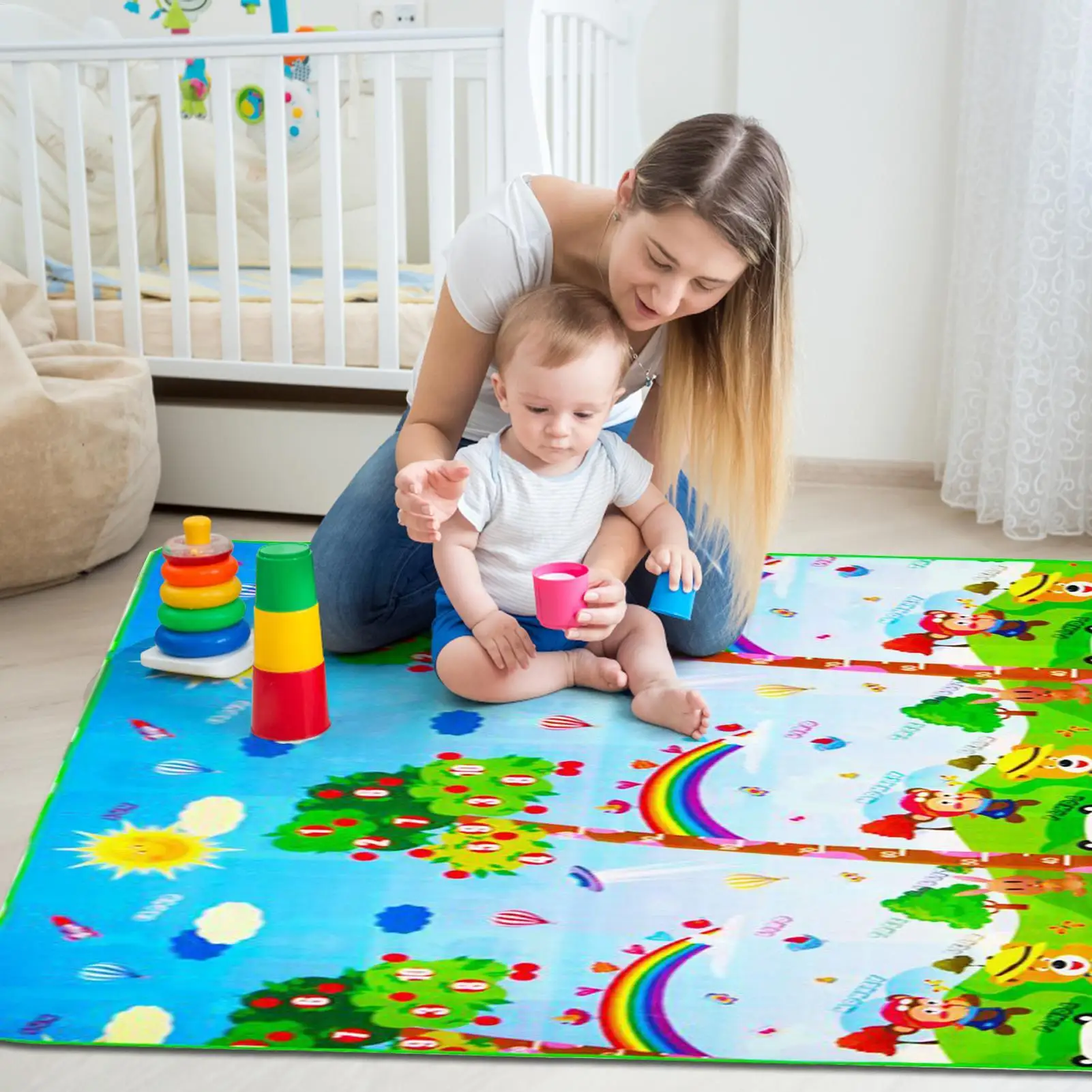 Play Rug Washable Classroom Rug Interactive Double Side Pad Carpet For Crawling Practice Kindergarten Nursery Playtime Indoor