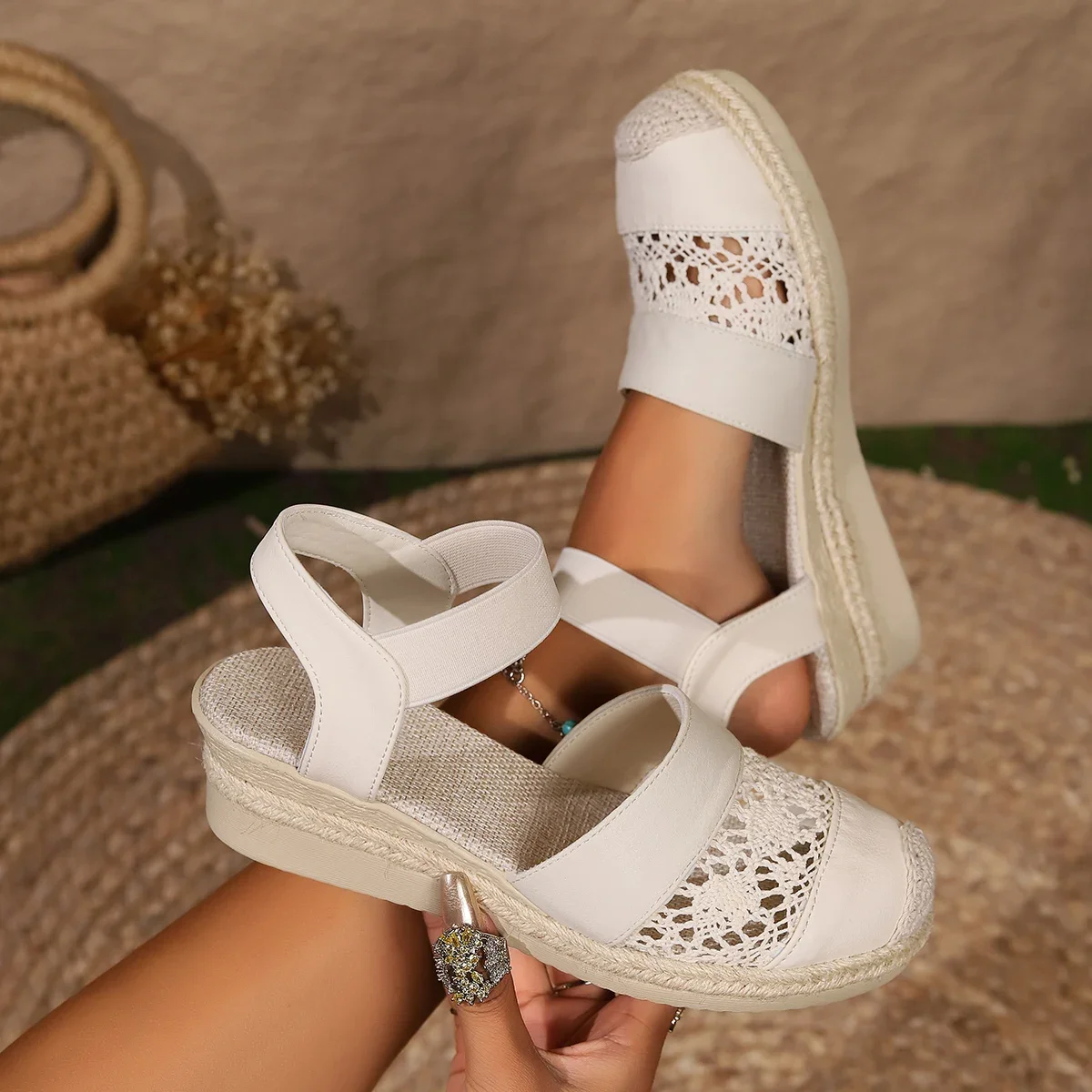 New Women Wedge Heel Espadrilles Closed Toe Slingback Platform Shoes Braided Espadrille Ankle Strap High Heeled Sandals