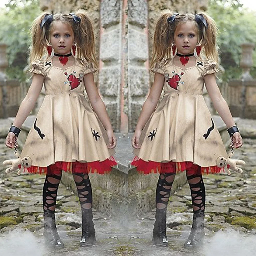 Kids Doll Costume Halloween Girls Scary Broken Heart Dress Outfit Carnival Party Fancy Dress