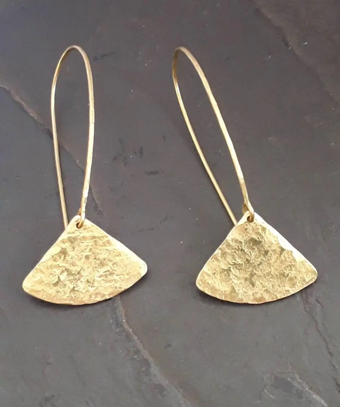 Beaten brass earrings,triangle  geometric earrings, boho earrings,  golden drop earrings