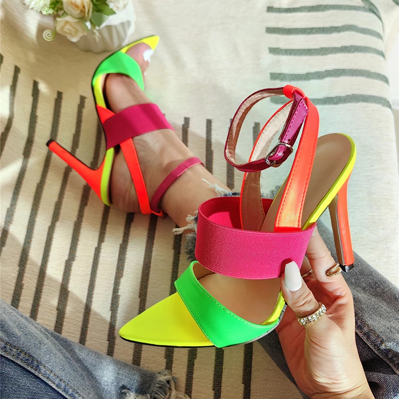 

Pointed Peep Toe Elastic Strap Women's Sandals Hollow Stiletto Buckle Woman Shoes Summer Mixed Color Gladiator Genuine Leather