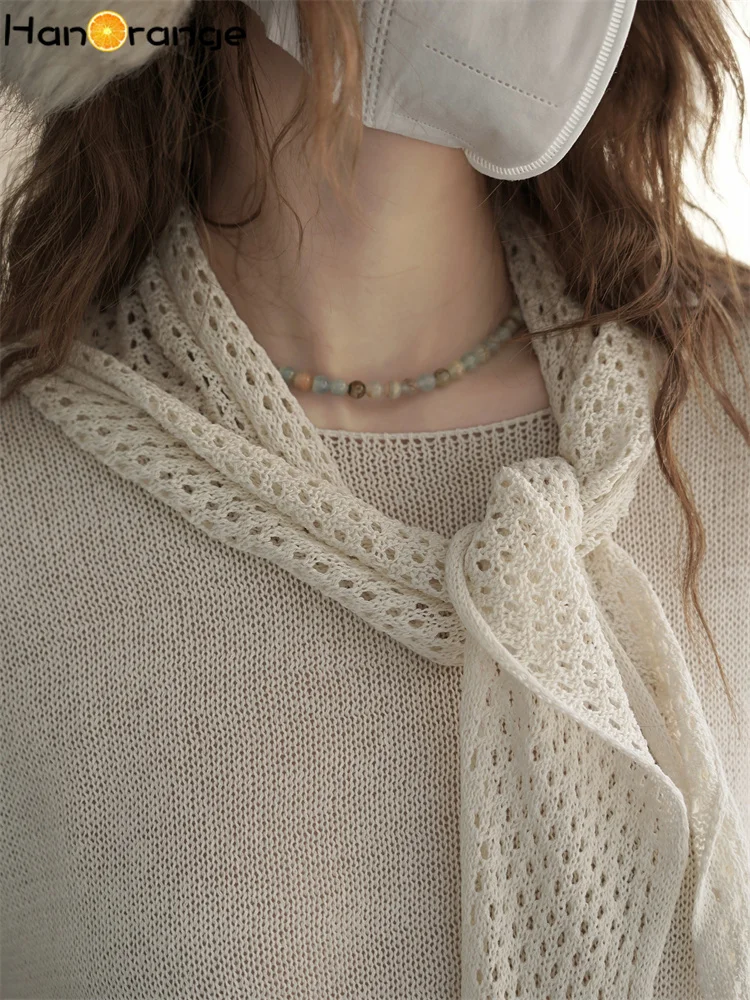 한오렌지 2025 가을/겨울 루즈 니트 스웨터 여성용 스택형 탈부착 가능한 홀로우 숄 탑 라이트 아프리콧/초콜릿/그레이