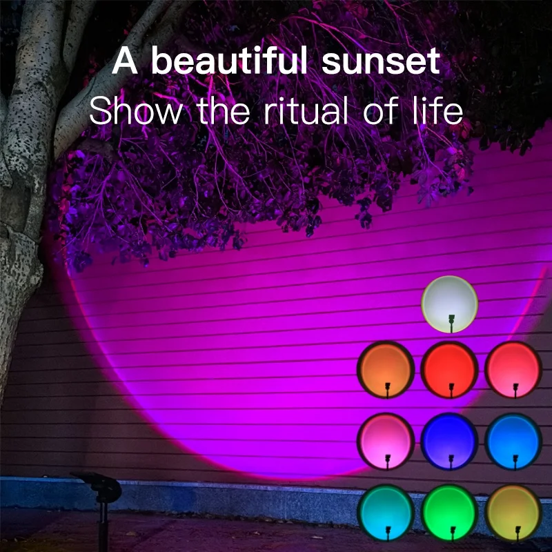 1pc ao ar livre à prova dwaterproof água rgb solar pôr do sol luz, fácil de criar atmosfera de cena, carregamento solar, corpo da lâmpada rotativa