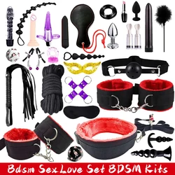 Fetish BDSM Kit Set Sex Toy Handcuffs for Woman Adult Supplies Handcuffs Whip Anal Plug Vibrator Bondage Rope Sexual Sexy Game