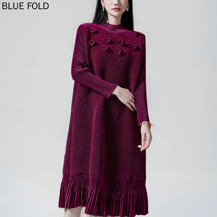 

MIYAKE Autumn and Winter Velvet Dress for Women High-end Loose and Slim High-end Long-sleeved Large-size Dress PLEATS Vestido