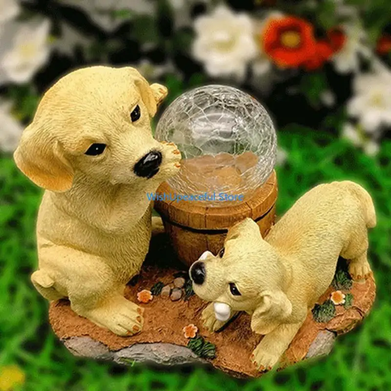 34YA Garden Luminous Dog Ornament with Crystal Ball Durable Outdoor Resin Decoration