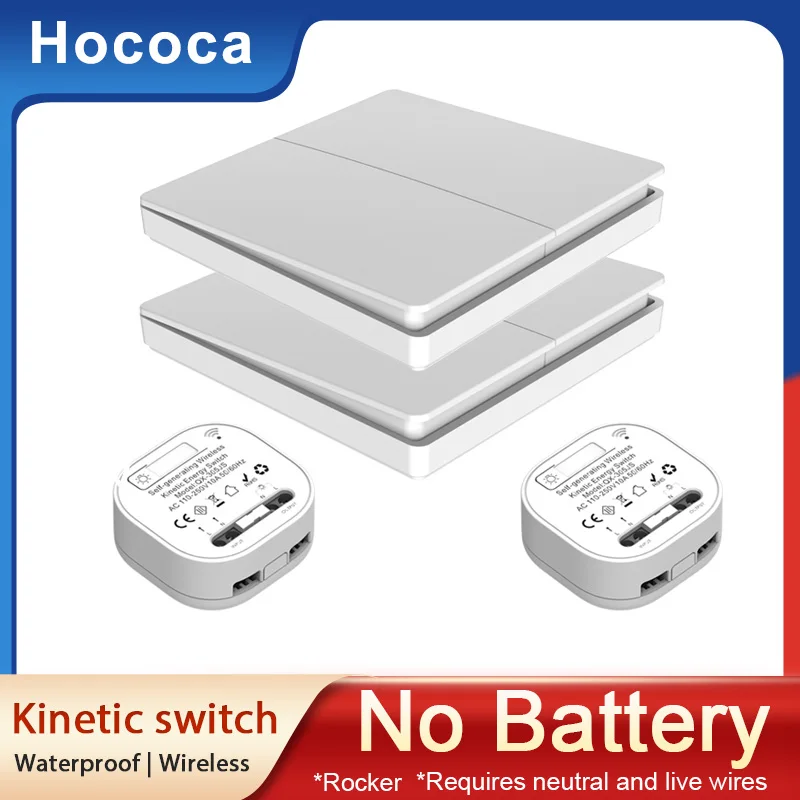 Waterproof Kinetic Wireless Switch 1/2 Gang Rocker Type 86 Panel Borderless No Battery Remote Control for Lighting 110-250V AC