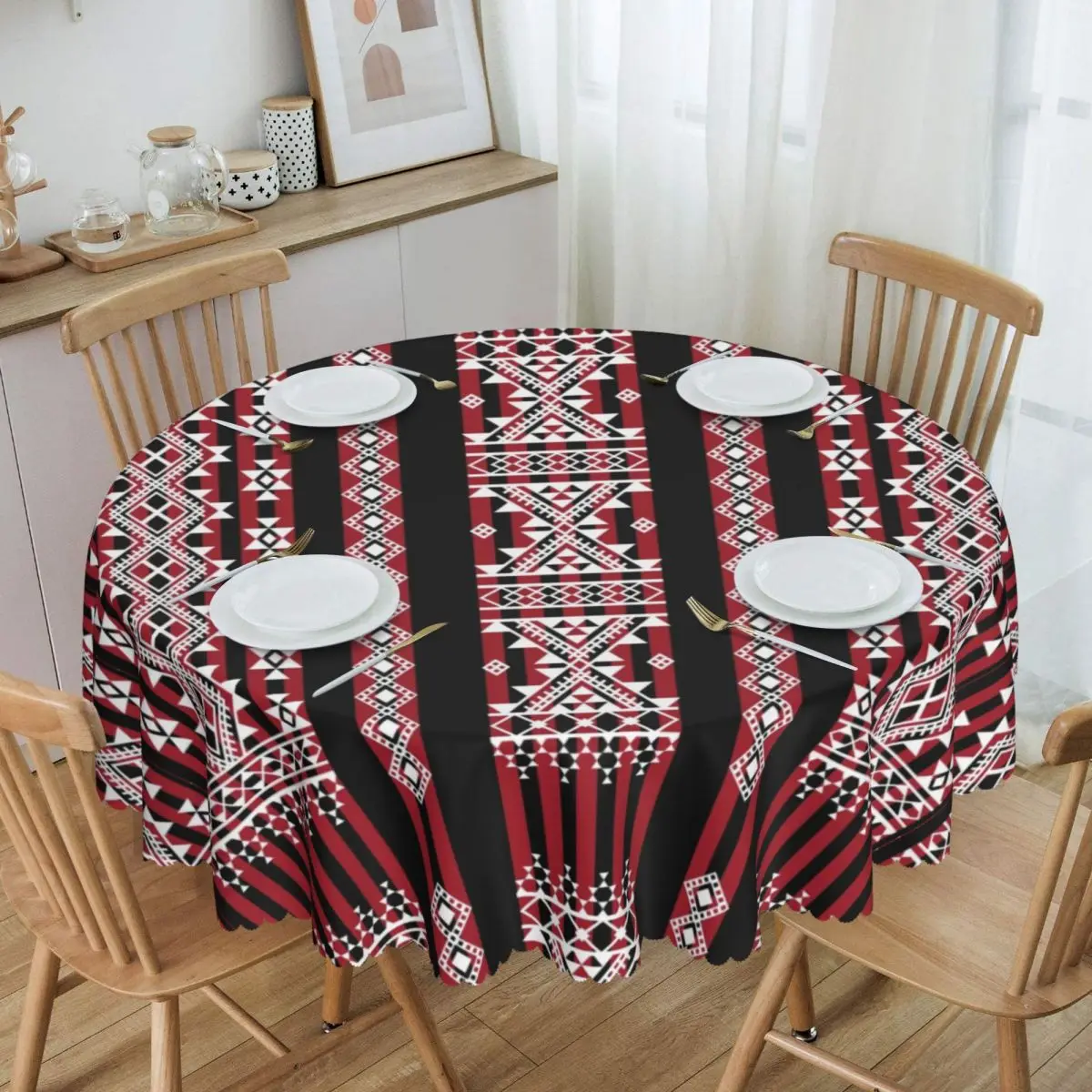 Customized Round Fitted Kabyle Amazigh Carpet Pattern Table Cloth Waterproof Tablecloth 60 inch Table Cover for Kitchen Dinning