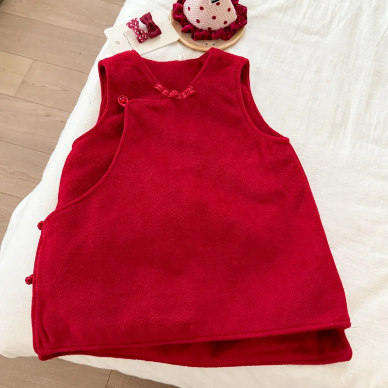 

Girls' Thickened Winter Dress Festive Red New Chinese Style Vest Dress for Girls