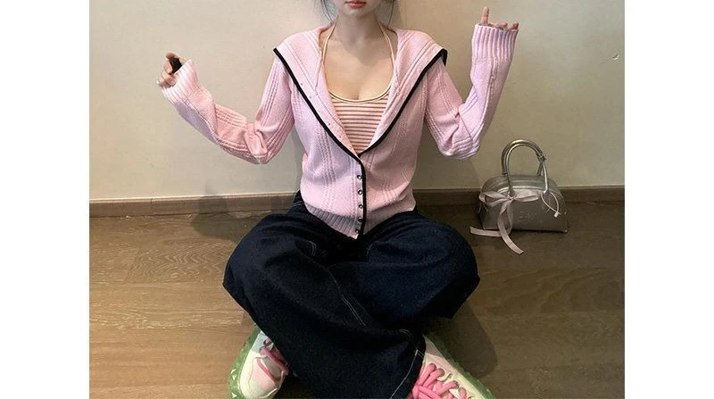 Pink Navy Collar Twist Sweater Jacket for Women 2026 Autumn and Winter Short Soft and Waxy High-end Super Nice Knitted Cardigan