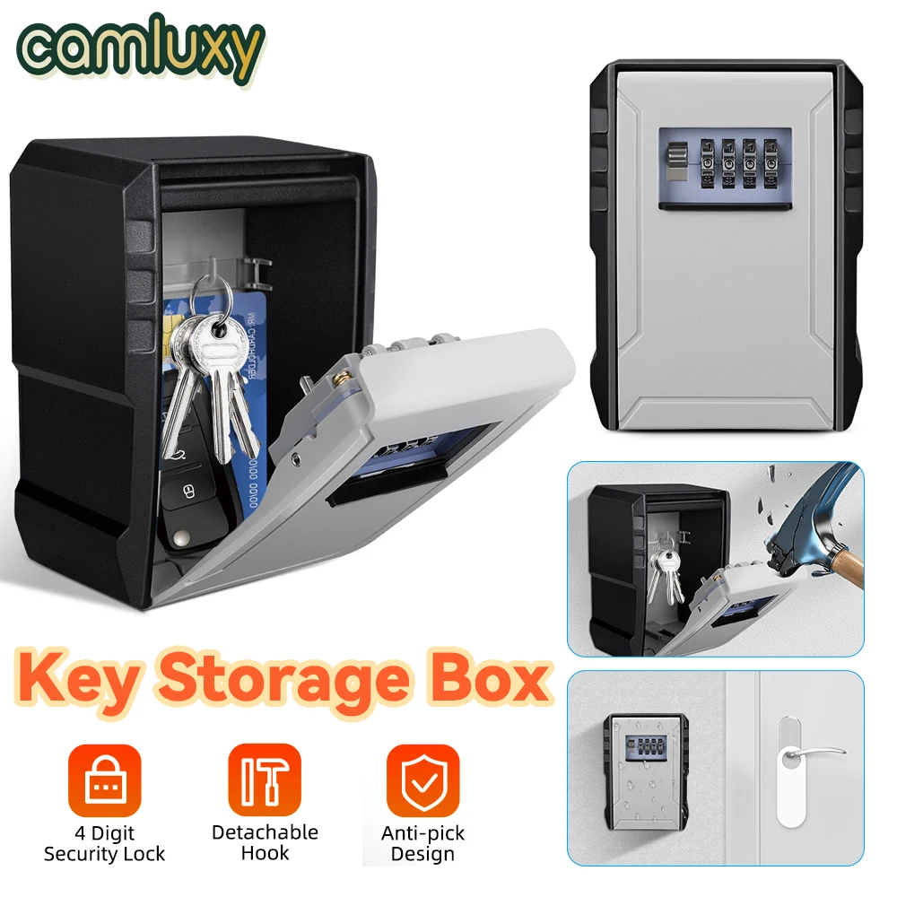 

Camluxy Wall Mounted Key Lock Box Safe Box Weatherproof 4 Digit Password Key Storage Box Indoor Outdoor Anti Theft Key Safe Box