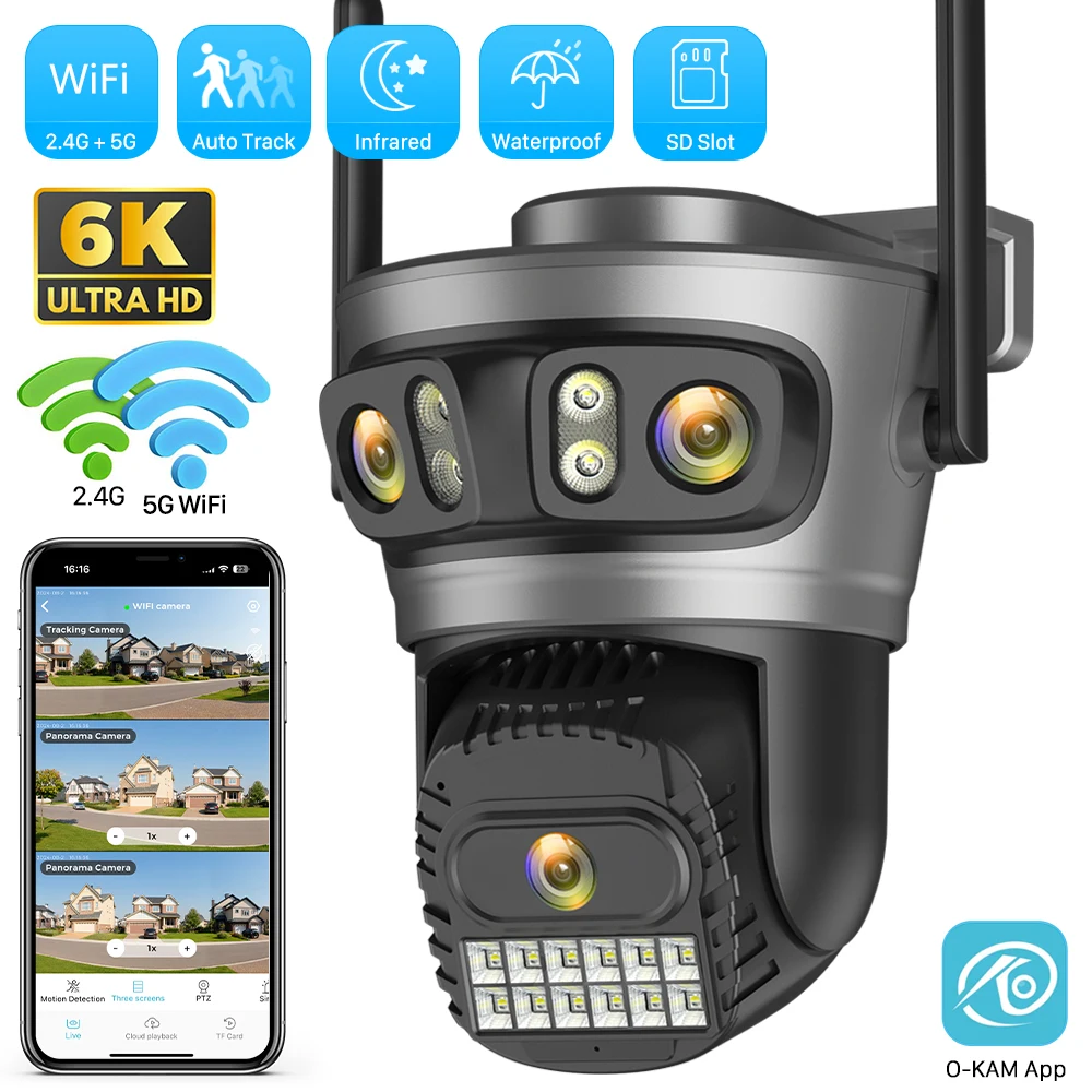 Cámara IP WIFI de tres pantallas HD de 15MP, 6K, para exteriores, 4K, lente Dual, PTZ, detección humana Ai, cámara de seguridad de vídeo CCTV