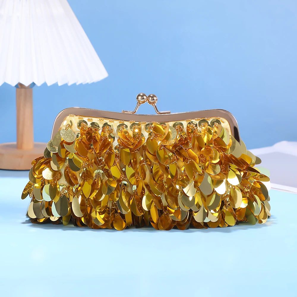 

New metallic sequin evening bag - Elegant socialite's formal party dress handbag - Fashionable chain strap crossbody bag