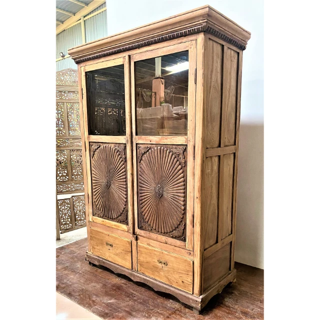 خزانة ملابس بباب مزدوج من الخشب الصلب وأثاث باب زجاجي عتيق