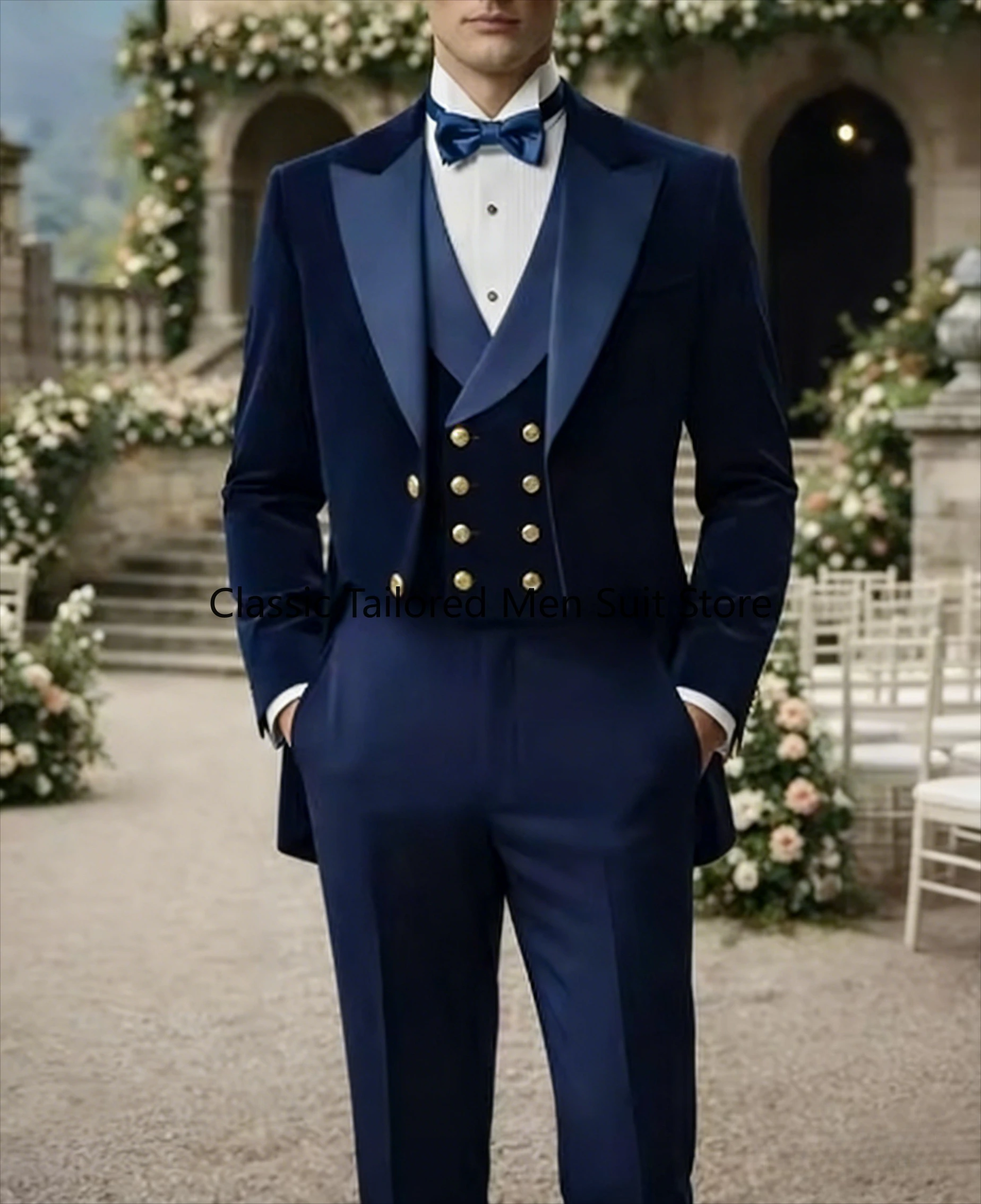 

New Navy Blue Velvet Men Suit Wedding Party Formal Groom Groomsman Prom Business Male Tuxedos 3 Piece Set Jacket Vest Pants
