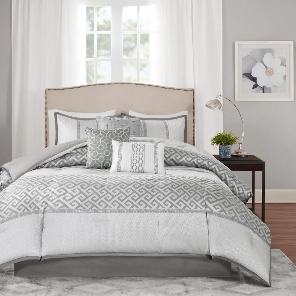 

Matching Bedskirt, Decorative Pillows, Queen(90"x90"), Bennett, Geometric Grey 7 Piece