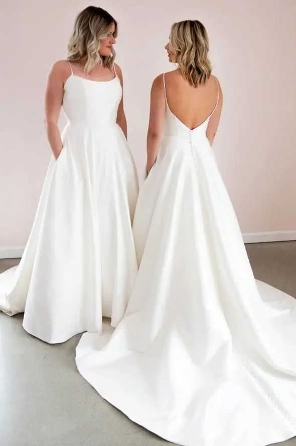 

Wedding Dresses for Parties Simple Satin Elegant Bride Gowns with Pockets Formal Party Spaghetti Strap Long Bridal Dress Women