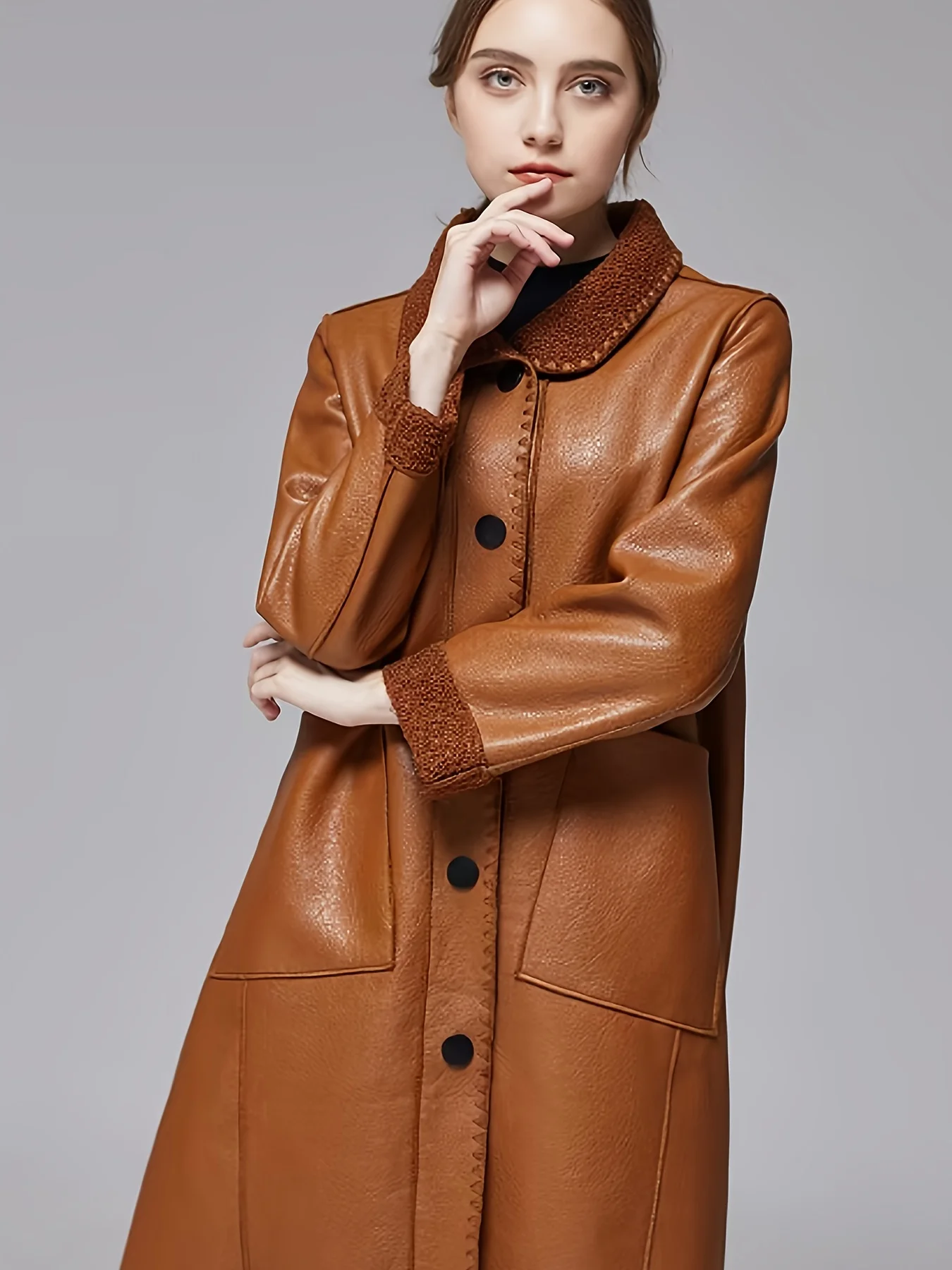 Women's Mid-Length Pu Coat, Business Casual, Fleece-Lined, Top Choice for Autumn and Winter
