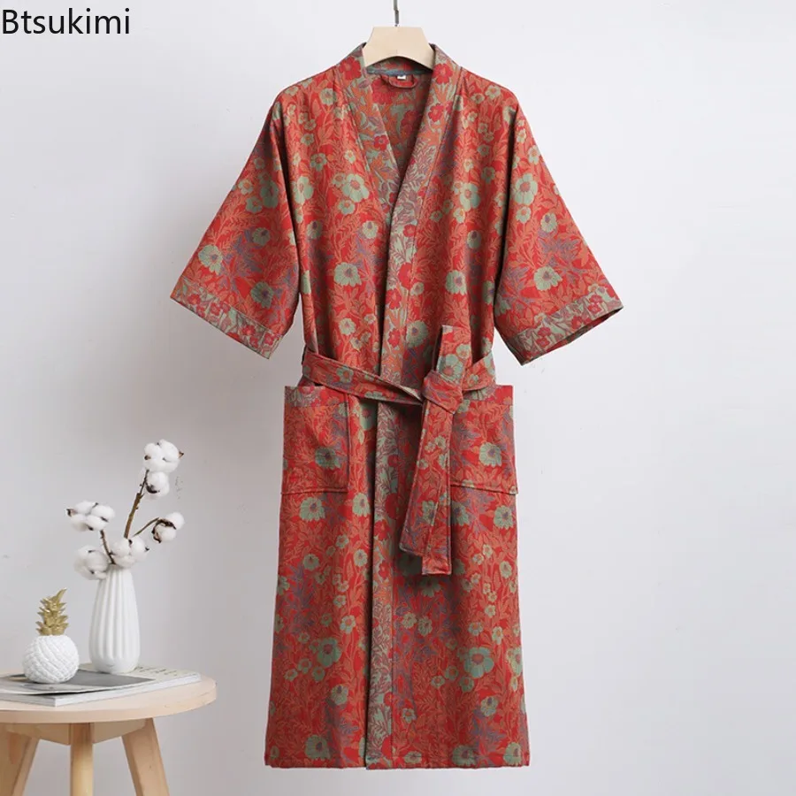 Spring / Summer Pure Cotton Double Layer Gauze Bathrobe Thin Dyed Fabric Home Clothing Couples Japanese Style Kimono Robe Pajama