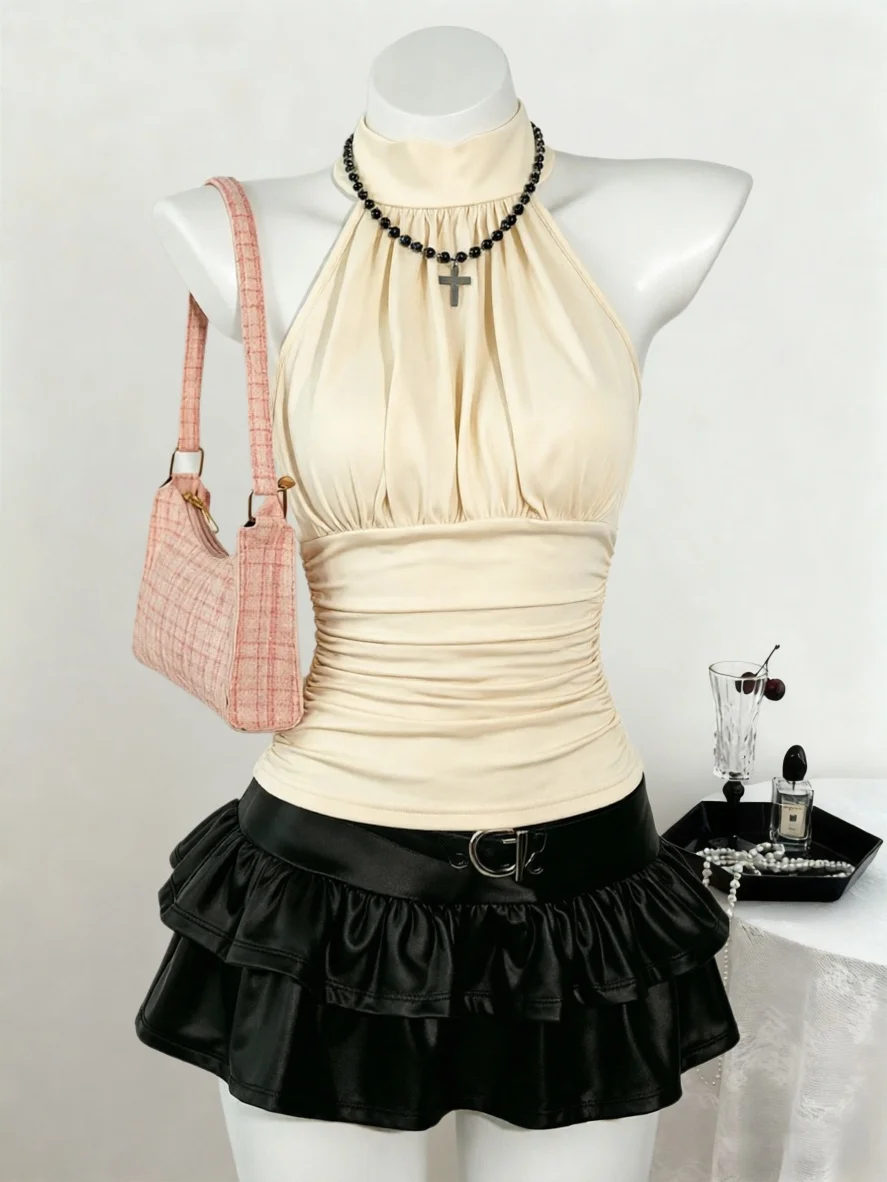 Damen Perlenbesetztes Neckholder-Top Ärmellos mit seitlicher Raffung, schmal geschnitten, einfarbig Schwarz, kurzes Tanktop, Sommer 2026, Gothic Streetwear Clubwear – Detail 1