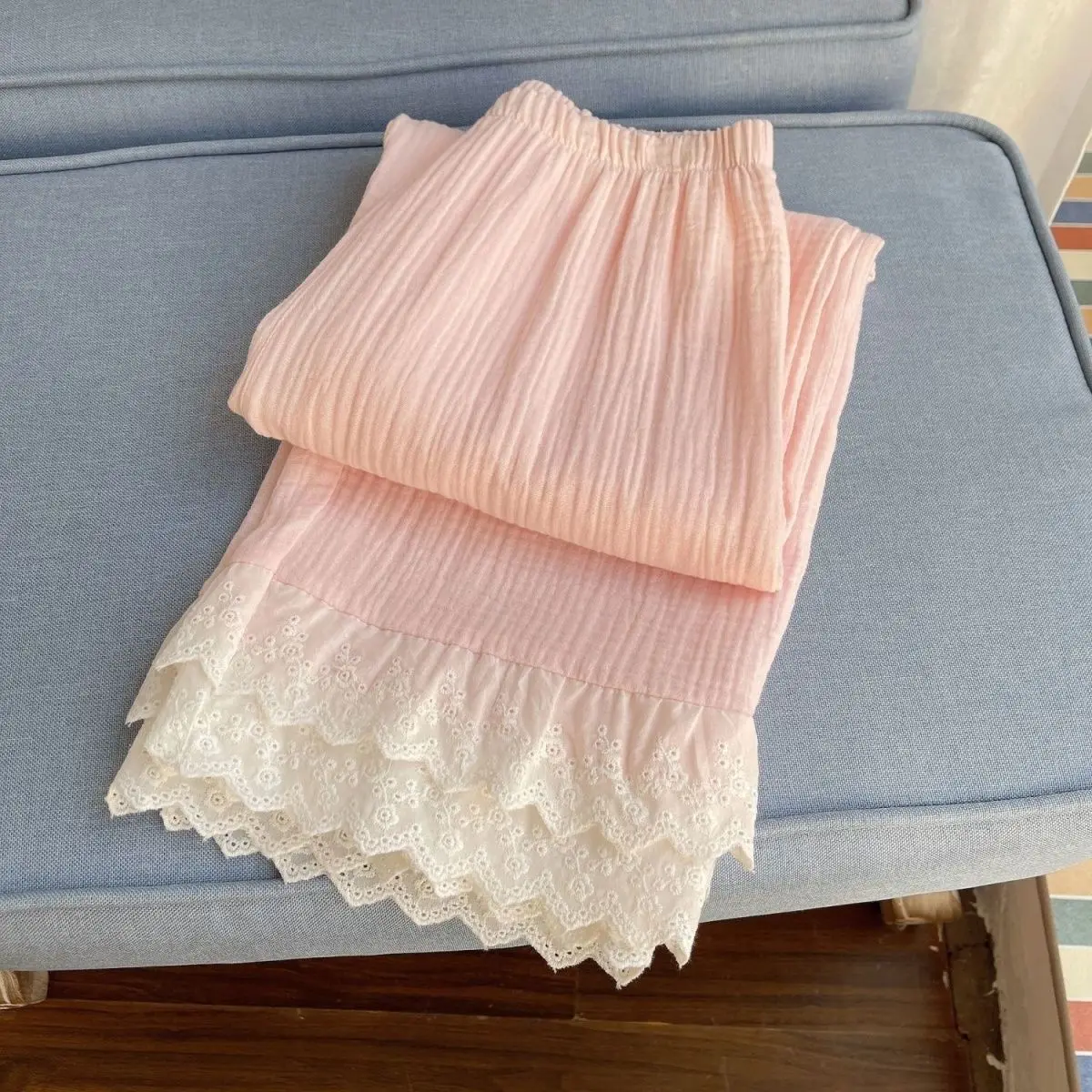 

New Korean Style Pajama Pants Lace Cropped Pants Solid Color Loose Home Pants Woman Sleep Pijama Large Size Women's Slipper Pjs