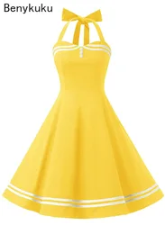 Vintage Halter Yellow Dress Sexy Retro Robe Femme Pin Up Rockabilly Party Dress Big Swing Vestidos Summer Clothes for Women 2025