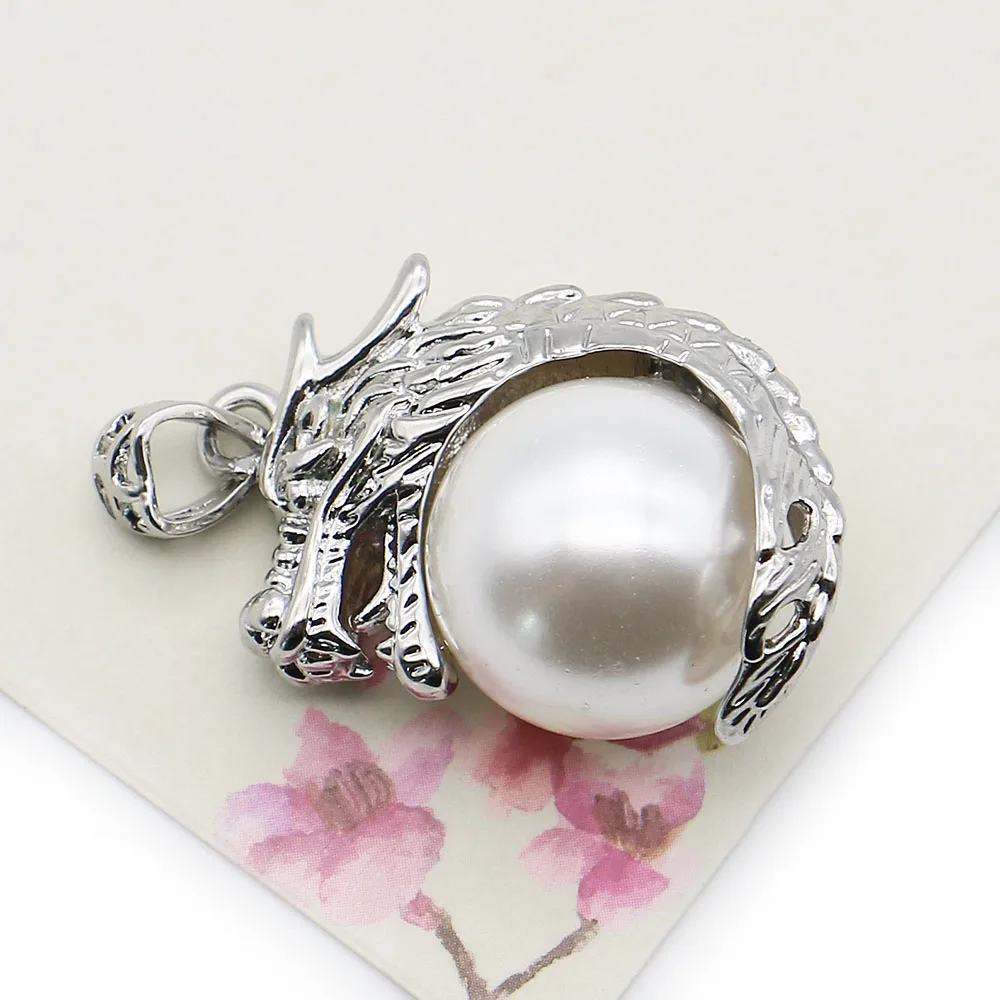 

1pc White Natural Shell Imitation Pearl Inlay Silver-plated Dragon-shaped Pendant For Making DIY Women Necklace Earring 20x32mm