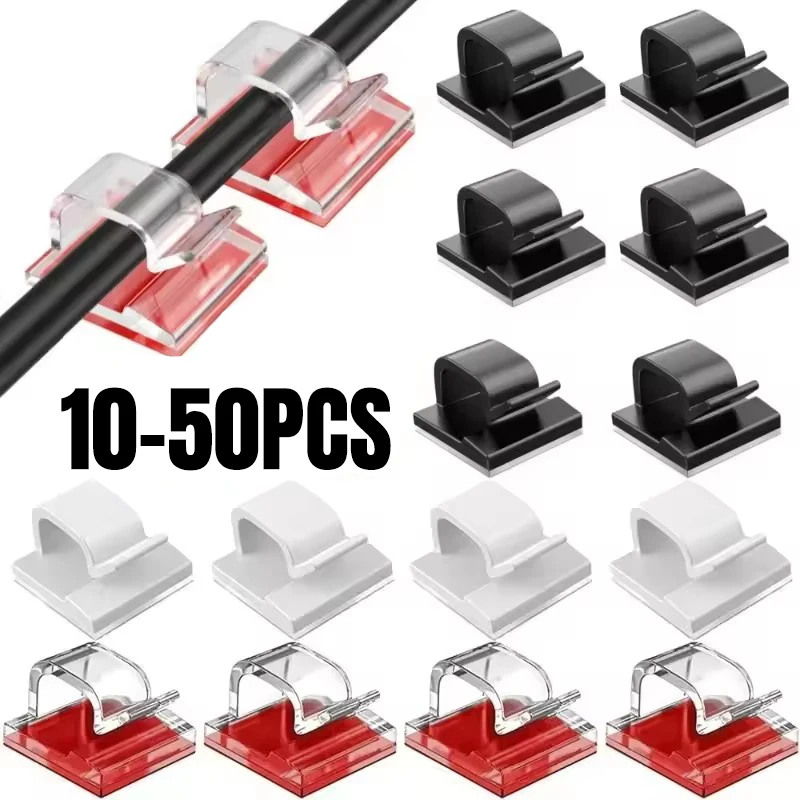 10-50pc Cable Organizer Clips Clear Adhesive Desk Tidy Cable Manager USB Charging Data Line Bobbin Winder Home Office Clips