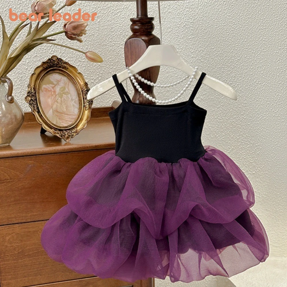 

Bear Leader Purple Mesh Patchwork Girls' Dresses Summer New Birthday Party Princess Costume Sweet and Cute Children's Mini Dress