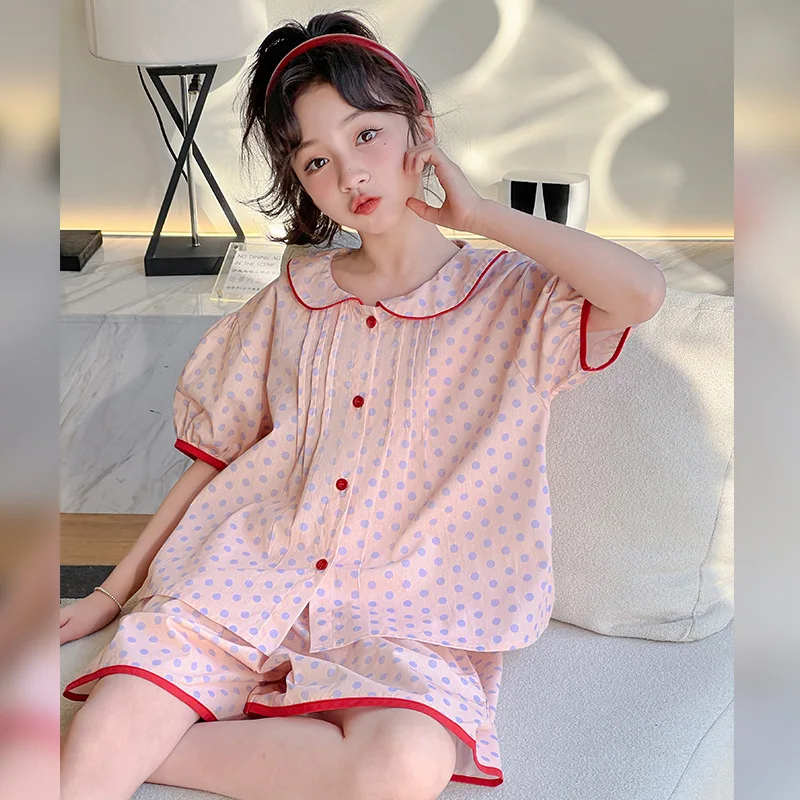 

2025 Summer New Korean Version Sweet Plaid Lace Short-sleeved Loungewear Pajamas Set Girls Two-piece Set