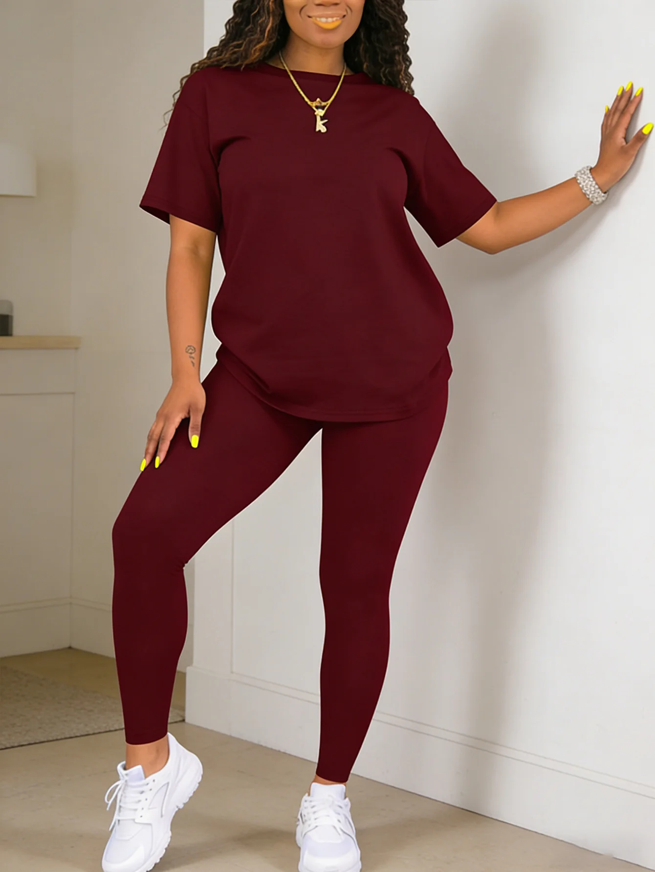 Modisches Rundhals-Kurzarm-Oberteil mit Eng Anliegender Langer Hose - Zweiteiliges Einfarbiges Damen-Set – Detail 6