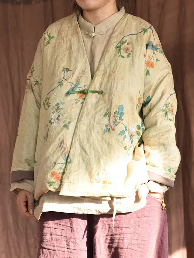 Retro New Chinese Style Women's Jacket Cotton Linen Set Winter Warm V-neck Long Sleeve Floral Pattern Single Button Closure