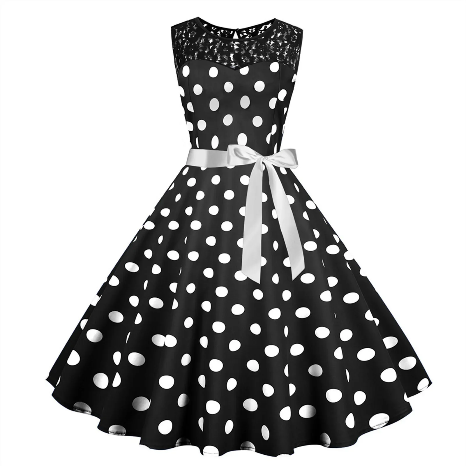 

Polka Dot Print Summer Dress Vintage Woman 1950s 60s Swing Rockabilly Dress Robe Femme 2023 Lace Stitching Office Party Vestidos