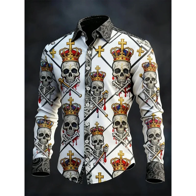 Gothic Christmas Skull Print Men's Long-Sleeve Shirt with Bell and Skull Print - Casual Fit for Christmas Celebrations