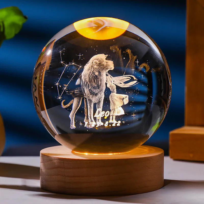 3D Constellation Crystal Ball Night Light Laser Engraved Birthday Gift Glass Sphere Home Desktop Decoration with Wooden USB Base