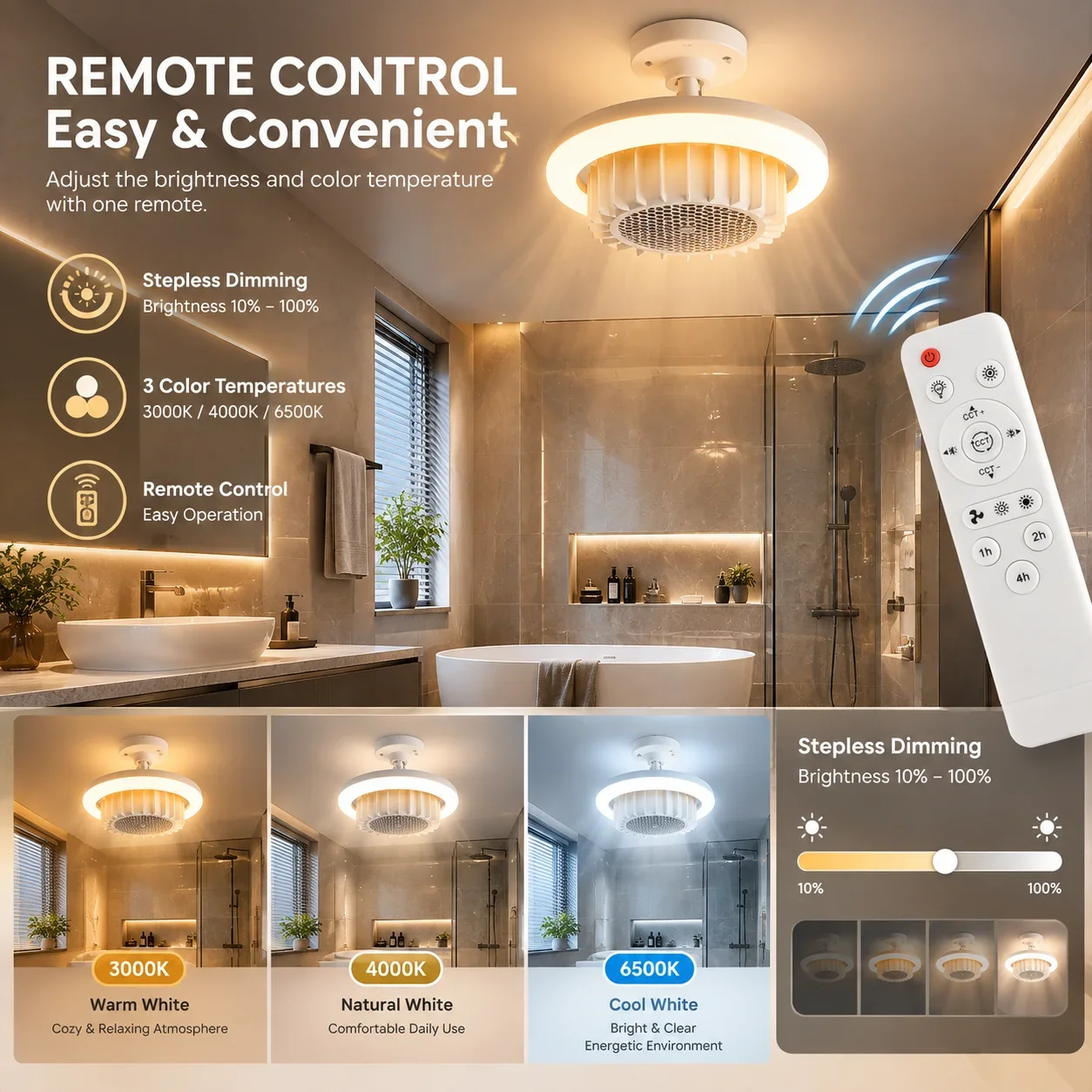 600W Smart 3-in-1 Bathroom Ceiling Light with PTC Heater, Warm Air Lamp Remote Control Dimming Electric Heater Ceiling Fan Light