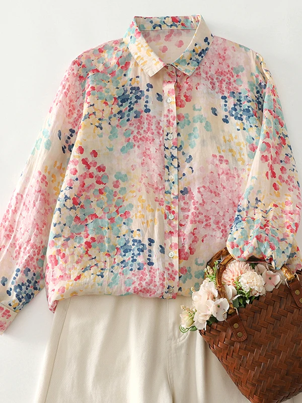 

Artistic Floral Print Long Sve Comfortable Linen irt Women's Faionable Casual Top Agel Vitali Clothing