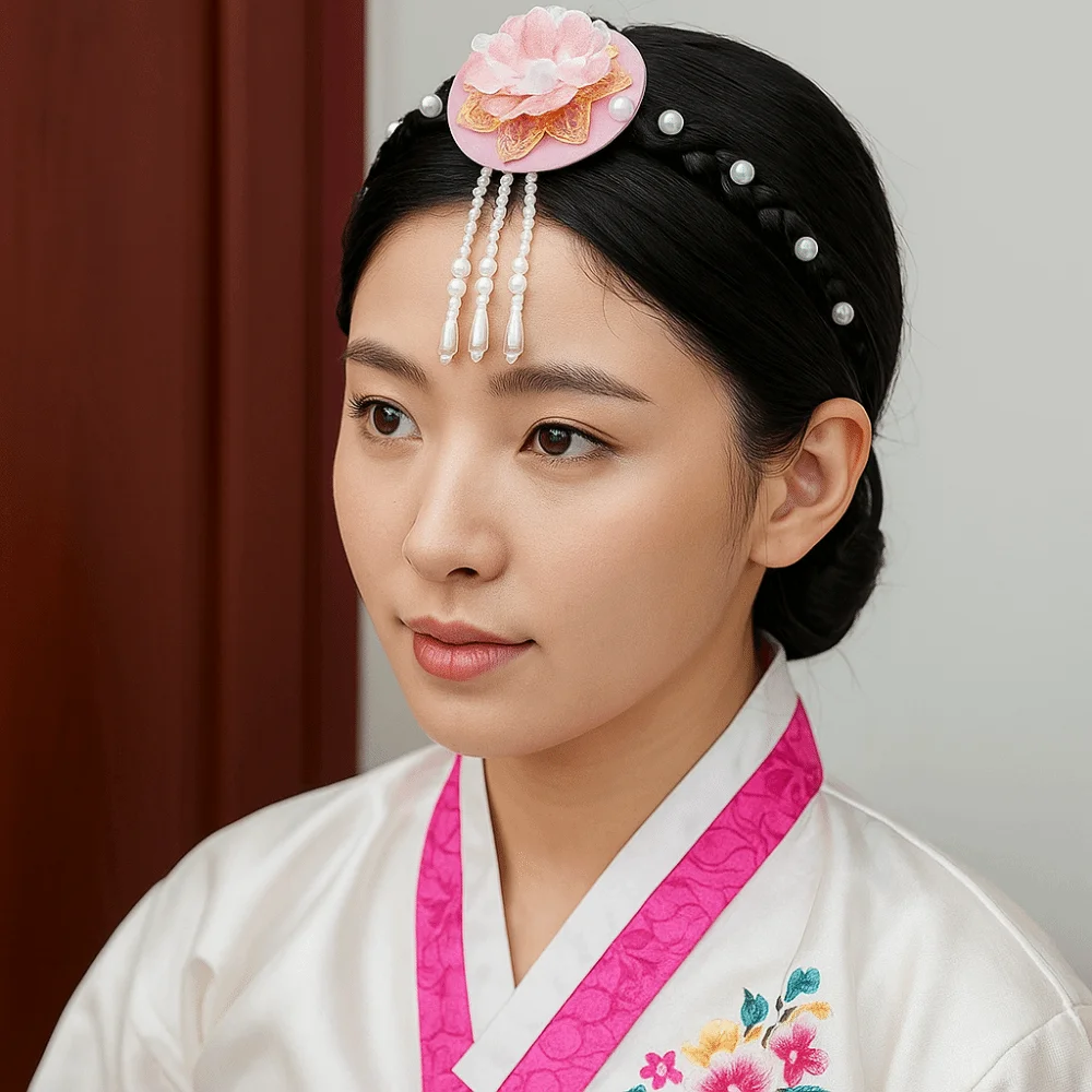 

Sweet Flower Korean Headband Tassels Traditional Hanbok Hairband Pearl Headdress Stage Dance Hair Hoop Ladies