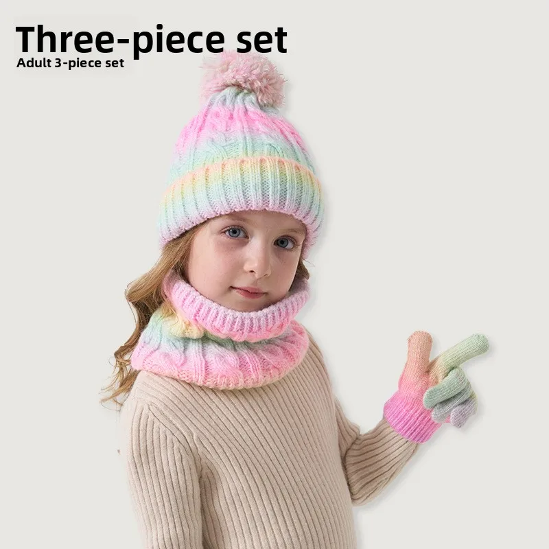¡Nuevo conjunto de 3 piezas para niños de estilo europeo y americano, forro polar cálido para otoño/invierno, lindo pompón, resistente al viento, esencial para salidas!