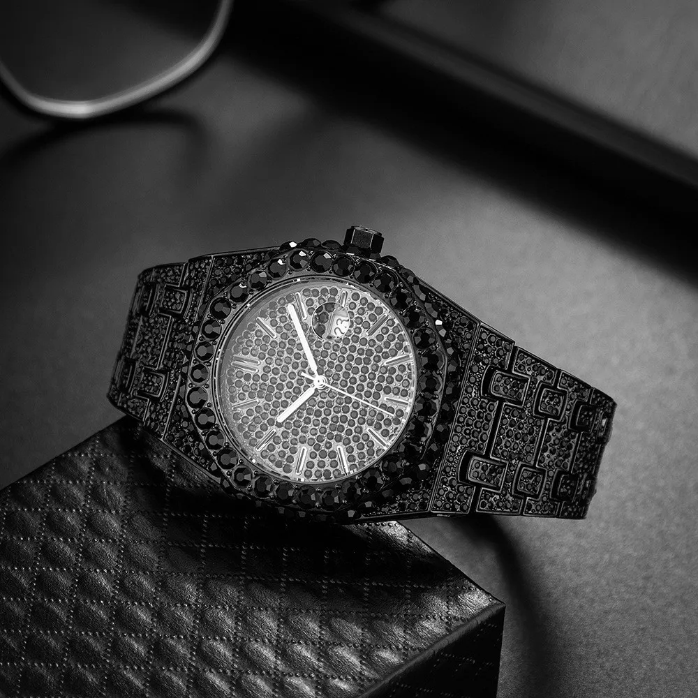 Ced Out Full Black Rhinestone Men Quartz Watch Luxury Octagonal Alloy Steel Wristwatch Luminous Calendar Hip Hop Bling Male Watch Daily Party Jewelry Gift