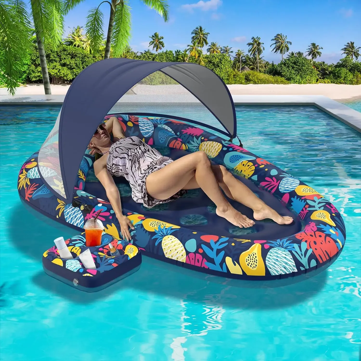 

Ride on Pool Lounger Float Hawaii Inflatable Pool Floats with Detachable Cupholder Caddy Water Hammock Pool Rafts Floating Toys