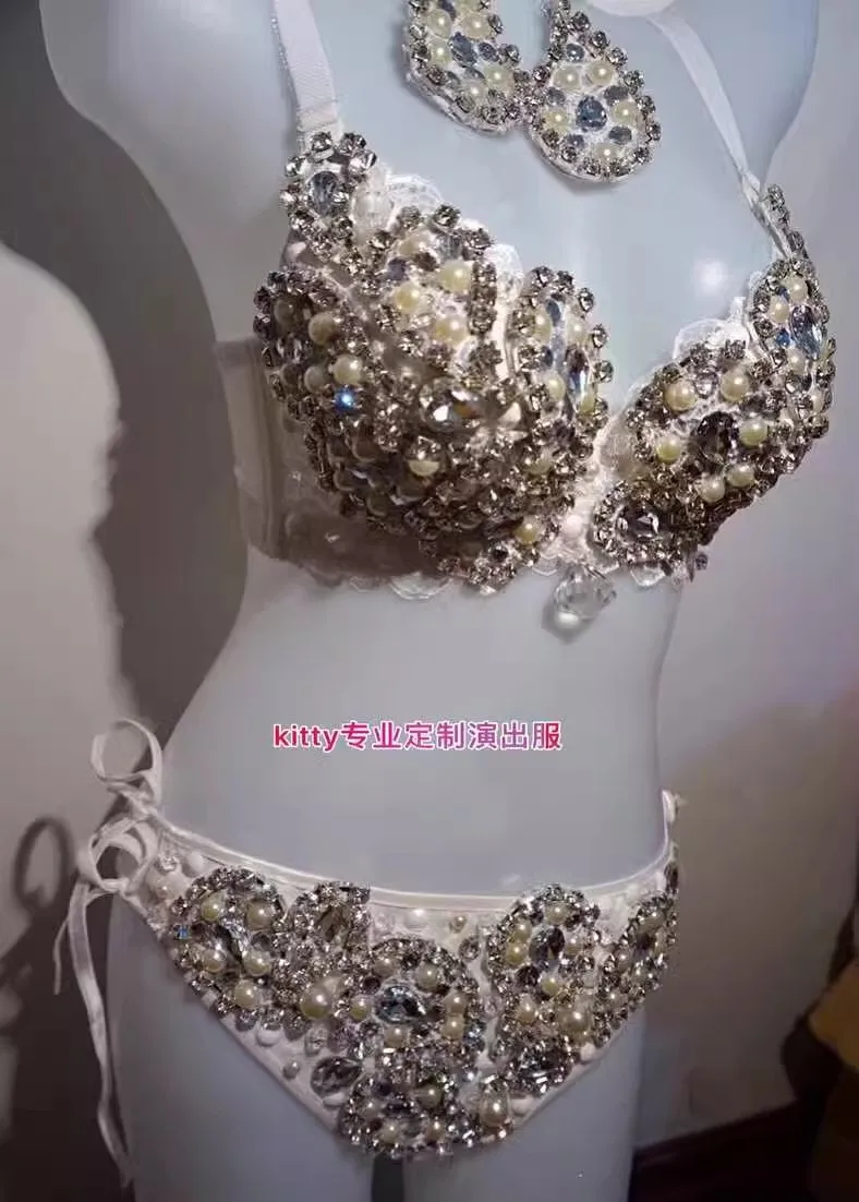 Luxury White Silver Flash Diamond Pearl Bra Shorts Bikini Festival Rave Sexy Bungee Dance Nightclub Singer Stage Party Outfit