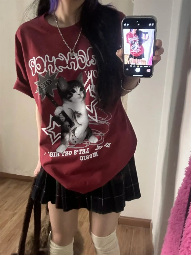 HOUZHOU Kawaii Katze Gedruckt Rote T-shirts Frauen Harajuku Übergroßen Punk Stil Tops Nette Grafik Kurzarm T-shirts Baumwolle Casual