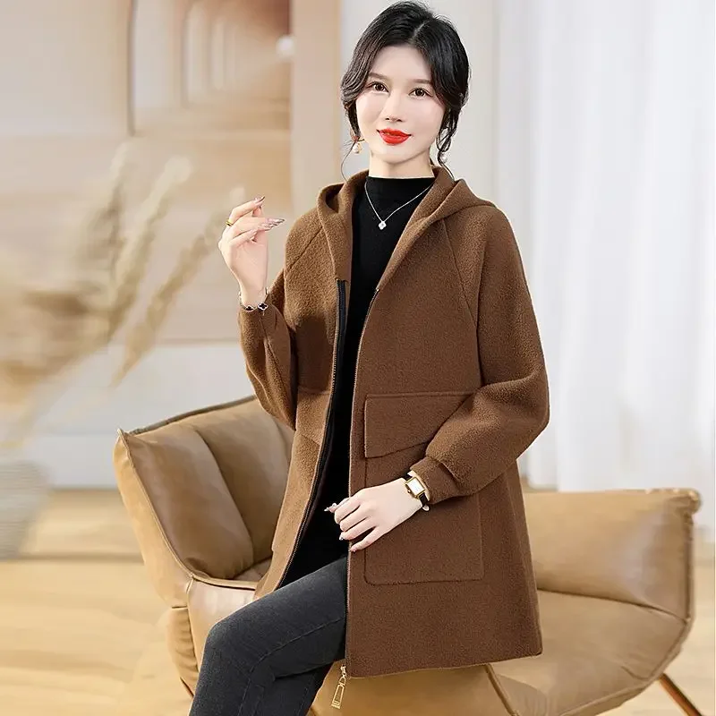 Middle-Aged Women High-End Cashmere Coat Female Elegant Hooded Fashion Mid-Length Wool Outwear Casual Large Size 6xl Outcoat